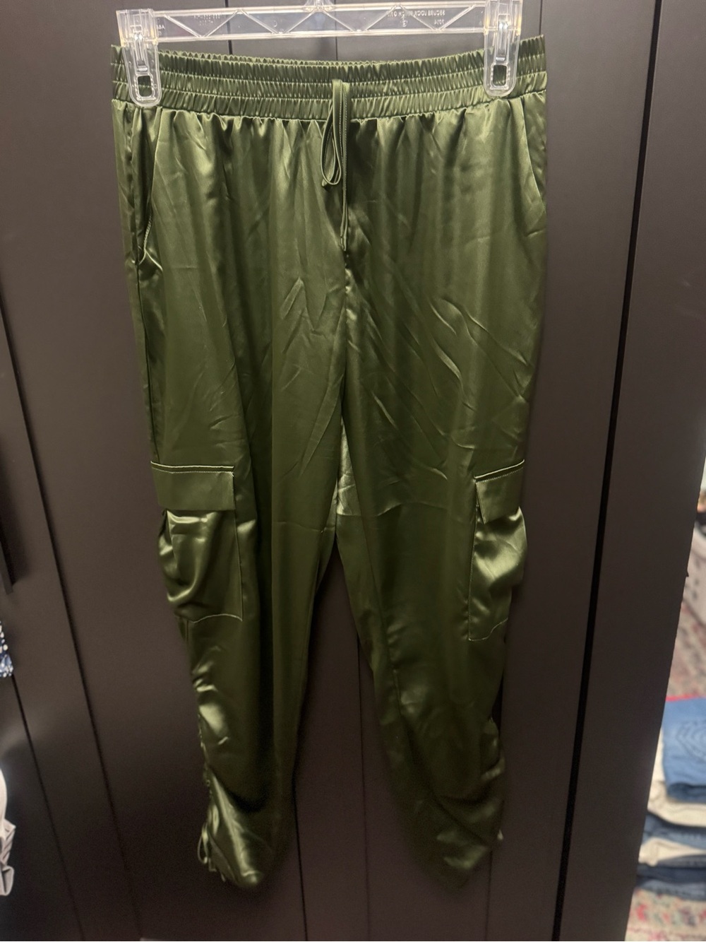 Olive Satin Cargo Jogger Pants